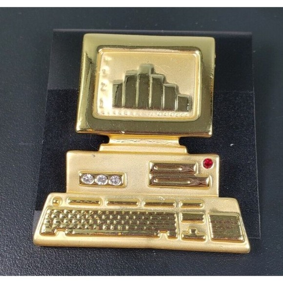 Vintage AJC Signed Desktop Computer w/Rhinestons Pin Brooch - Picture 1 of 9